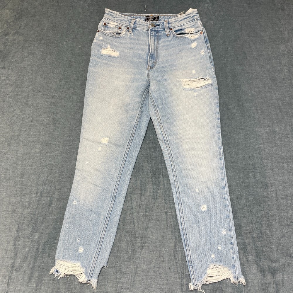 Abercrombie & Fitch Mom Jeans Women 27/4R Blue Denim Skinny Distressed Frayd Hem
